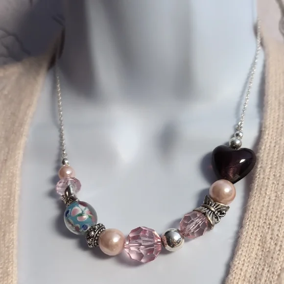 Purple Glass Heart Beaded Slider Chain Necklace - Picture 3 of 5